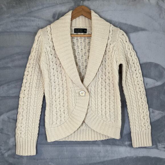 Vintage Y2K Blarney Wool Mills Irish Chunky Cable Knit Cardigan Shawl Collar XS - Picture 1 of 9